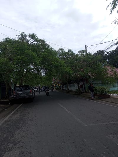 The image depicts a street scene in Kodarapalli, India, under an overcast sky. The asphalt road, running from foreground to background, features a white dashed center line and a solid white line on the left shoulder. Lush green trees with dense foliage line both sides of the street, forming an overhead canopy.
On the far left, a dark grey SUV, identified as a Toyota Innova with license plate "EF 1340," is parked on the shoulder, facing away from the viewer. Further down the road, several other vehicles, including cars and motorcycles, are visible in the distance.
In the mid-ground, a motorcycle with a rider wearing dark clothing and a helmet, possibly carrying luggage, travels away from the viewer in the right lane. Other motorcycles and cars are part of the distant traffic flow.
On the right side of the road, a concrete curb separates the street from a pedestrian area. A person wearing a dark top and light-colored patterned trousers stands near a low planter or wall, leaning slightly, with their right hand near their head. Behind them, a building with a terracotta-tiled roof and light green-blue walls with horizontal detailing is partially visible. A utility pole with multiple black wires extends vertically on the right, with wires crisscrossing the upper frame.