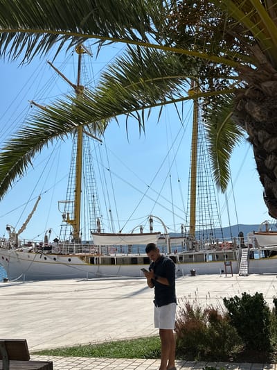 In Donja Lastva, Montenegro, a man is standing on a paved walkway, looking at his phone. He is wearing a dark long-sleeved shirt and white shorts. Behind him, a large white ship with multiple masts and sails is docked. Palm trees are in the foreground, partially obscuring the view. The sky is clear and blue, and the sun is shining. The environment appears to be a waterfront area, possibly a harbor or marina, given the presence of the ship and the paved walkway. The overall scene suggests a sunny day in a coastal town.