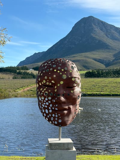 A large, reddish-brown, perforated sculpture of a face is positioned in the foreground, slightly right of center. The sculpture has a textured surface and circular cutouts of varying sizes, some of which appear to be reflective. It is mounted on a thin, light-colored metal pole, which is attached to a light gray concrete base. The base is situated on a patch of green grass.
Behind the sculpture, a calm body of water reflects the blue sky and surrounding landscape. The water has a ripple pattern, suggesting a gentle breeze. In the middle ground, rows of green vineyard vines stretch across a gently sloping hillside. A dirt path winds through the vineyard. Further back, a line of dark green pine trees creates a natural barrier between the vineyard and the mountains beyond. A small white building is visible nestled among the trees on the hillside.
The background is dominated by a large, rugged mountain with a dark, rocky face and a lighter, grassy slope. The peak of the mountain is bathed in sunlight. The sky is a clear, bright blue with a few wispy white clouds. On the far left of the image, the thin branches of a tree with small, green leaves extend into the frame. The overall scene depicts an outdoor art installation in a rural or vineyard setting, likely in the Theewaterskloof Nu area of South Africa, given the distinctive mountainous landscape and cultivated vineyards. The time of day appears to be late morning or early afternoon, judging by the sunlight and shadows. There are no people visible in the image.