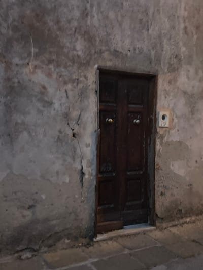 The image shows a wooden door with a white threshold in front of it. The door is dark brown and has two panels on each side. It has two gold door handles. The door is set into a wall made of gray and brown stone, with some cracks and imperfections in the surface. There is a small white box with a number on it to the right of the door. The wall and door are lit from the front and slightly above. The scene is taken in Portoferraio, Italy, at coordinates (latitude: 42.816, longitude: 10.332).  The scene is devoid of people.  The scene is a single, dark, and moderately sized door set into a crumbling stone wall.