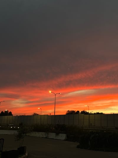 The image depicts an outdoor scene at dusk or dawn in Kfar Vitkin, Israel, characterized by a vibrant sunset. The upper sky is dark gray, transitioning downward into vivid red and orange hues with horizontal cloud formations. A small, bright white point is visible in the upper-middle sky.
In the midground, a long, light-colored panel barrier, consistent with a sound wall, runs horizontally across the frame. Dark, dense vegetation is present in front of and partially obscuring the base of this barrier. Above the barrier, three tall streetlights with activated yellow-orange lamps are prominent. Silhouetted trees and bushes are visible behind the sound wall.
The foreground consists of a dark, paved surface, likely asphalt, bordered by concrete curbs or barriers. A dark, indistinct object, possibly a piece of furniture or a planter, is partially visible in the lower-left corner. In the distance, behind the sound barrier on the left, the illuminated headlights of a vehicle are discernible, indicating the presence of a roadway or highway. No individuals are present in the scene.