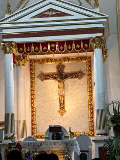 The image displays the interior of a church in Timaná, Colombia, focused on the main altar and a large crucifix. A prominent, ornate crucifix, featuring the figure of Jesus Christ, is centrally mounted against a light-colored, possibly marble, wall. The cross is dark-toned, adorned with red circular elements and elaborate gold patterns. This central display is bordered by a wide gold frame with shell-like motifs.

Above the crucifix, a white triangular pediment structure is visible, containing a white dove emblem with radiating lines against a red and gold background. Flanking the central display are two stout white columns with ornate gold Corinthian capitals. Below these capitals, a horizontal band of red fabric drapery with gold trim hangs, featuring alternating gold fleur-de-lis and circular symbols, one of which appears to be a host. The bases of the columns are fluted with gold vertical lines.

Below the crucifix, an altar is covered with a white cloth decorated with a purple grape and green leaf pattern. On the altar, a lectern holds an open book, accompanied by a microphone. Two white candles are visible in ornate gold-colored holders, alongside two silver vessels and two vases containing bare branches. At the base of the altar, fabric drapes in purple and gold tones are arranged. In the bottom foreground, the silhouetted heads of several individuals are visible, suggesting the presence of a congregation. A large potted plant with green foliage is positioned to the far right.