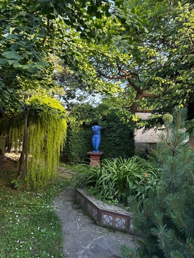 In a lush garden setting, a blue, classical-style torso sculpture stands prominently on a pedestal. The sculpture is positioned on a stone pathway that winds through the garden, bordered by an assortment of plants and trees. To the left, a weeping willow-like tree drapes its green foliage, creating a curtain of delicate leaves. In the background, a meticulously trimmed green hedge forms a backdrop for the sculpture. The garden is illuminated by natural light, suggesting it is daytime. The image does not provide any information about the city of Alagir, Russia, nor does it contain any discernible elements that would place it there. The scene is static and devoid of any human activity or interaction.