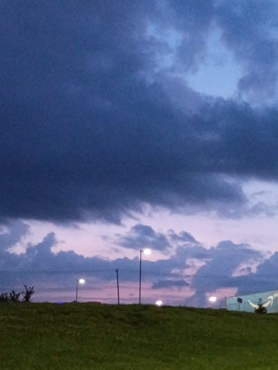 The image depicts a nighttime scene in Lexington, United States of America, characterized by a dramatic sky and a subtle urban landscape. The upper portion of the image is dominated by dark, heavy clouds that transition to lighter shades of blue and purple towards the horizon. Below the clouds, a band of pink and lavender hues suggests the lingering light of dusk or dawn.

In the middle ground, a grassy embankment slopes upwards, dotted with the glow of streetlights. On the right side, a building with a white facade is visible, featuring a large, light-colored logo that resembles an arrow or a wing. The building appears to be a commercial or industrial structure. To the left of the building, a dark, stylized silhouette of a winged creature or emblem is present. The overall impression is one of a twilight or early night sky over a semi-urban or industrial area, with the natural elements of clouds and grass contrasting with man-made structures and lighting.