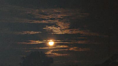 A partially obscured sun shines brightly through a cloudy sky. The sun, a brilliant yellow orb, is visible slightly to the left of the center of the frame, peeking through a gap in dark, layered clouds. The clouds are textured, with lighter, wispy formations catching the sunlight and appearing in shades of orange and yellow, contrasting with the darker, more solid masses of cloud that dominate the sky.
The overall scene suggests a dramatic sky, possibly at either sunrise or sunset, given the colors and the low angle of the sun. The atmosphere appears somewhat hazy or dusty, as indicated by the graininess of the image. There are no people or man-made objects visible, focusing solely on the natural phenomenon of the sun and clouds. The setting is likely an outdoor environment, given the sky as the prominent subject. The time of day is ambiguous between dawn and dusk, but the subdued light and rich cloud colors point towards these transitional periods. There is no visible text in the image.
