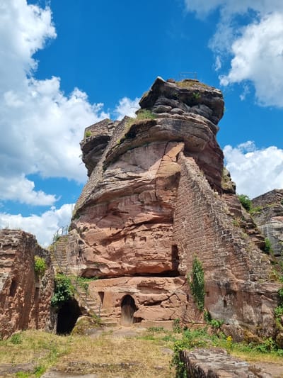 The image shows the ruins of a medieval castle, known as the Altdahn Castle, located in the town of Dahn, Germany. The castle is built into a large, weathered sandstone rock formation. The prominent structure is a tall, irregular rock spire with remnants of stone walls and battlements at its peak, topped by a simple metal railing. To the left of the spire, a steep metal staircase with a handrail ascends the rock face, leading to the upper levels of the ruins. At the base of the rock, there is a dark opening that appears to be an entrance to a cave or a lower level of the castle, partially obscured by vegetation. To the right of the spire, there is a section of a stone wall constructed with roughly hewn blocks, showing signs of age and erosion. A wooden door is visible set into the rock face, to the right of the spire and slightly elevated. The ground in front of the ruins is covered in dry grass and scattered stones. The sky above is a vibrant blue with scattered white clouds. The overall scene depicts a historical landmark in a natural, somewhat overgrown state.
