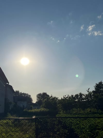 The image depicts a sun-drenched rural scene, likely in Ilavche, Ukraine, during daytime. The sun, a bright white orb with prominent rays, dominates the upper left quadrant of the sky. A circular lens flare, shimmering with greenish hues, is visible in the upper right quadrant. The sky is a pale blue with scattered white clouds. In the lower portion of the image, a row of trees with dense green foliage forms a natural barrier. To the left, the corner of a light-colored building with a dark roof is partially visible. A dark chain-link fence runs horizontally across the foreground, separating it from a patch of lush green vegetation behind it, which appears to be a garden or cultivated area with some taller plants and smaller leafy plants. The overall impression is one of a peaceful, sunlit outdoor environment.
