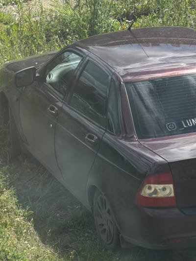The image shows a dark-colored sedan parked on a grassy area next to a dirt road. The car is facing right, with its rear slightly towards the viewer. The vehicle has a rear spoiler and a sticker on the rear window that appears to be an Instagram logo and text. The surrounding environment is overgrown with tall grass and some scattered small plants. The lighting suggests it is daytime, with sunlight reflecting off the car's surface. There are no people visible in the image. The scene is consistent with a rural or undeveloped area. The location is stated to be in Япрыково, Russia.