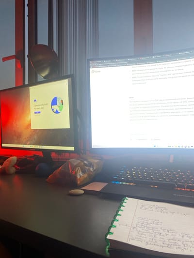 The image shows a desk in a room in Etterbeek, Belgium. There are two computer monitors on the desk, one displaying a Google Chrome browser window with a web page open and the other displaying a Google Chrome browser window with a Google Search page open. A keyboard and a notebook are also on the desk. The desk is dark brown and the room is lit with dim lighting. There are no people present in the image.