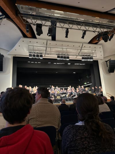 The image shows a performance taking place on a stage in a large, empty hall in Bingen am Rhein, Germany (latitude: 49.97, longitude: 7.892). There are several rows of seats in front of the stage, and the audience is mostly empty. The stage is lit by several spotlights, and the performers are a large group of musicians, including a brass band, percussionists, and singers. There is a person sitting on the far left of the photo, facing the stage, wearing a red sweatshirt, and a person sitting on the far right of the photo wearing a beige sweater. Behind them, several rows of people are partially visible in the seats, facing the stage, listening to the performance. The ceiling of the hall has exposed beams and several large, rectangular panels.