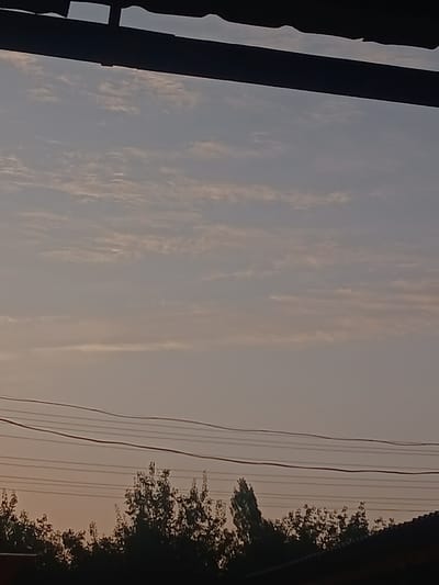 An outdoor, low-angle medium shot captures a hazy twilight sky with a few wispy clouds. The upper portion of the frame is dominated by a dark, horizontal overhang, possibly a roof or awning, casting a shadow. Below this, the sky transitions from a pale blue at the top to a warm, peachy hue near the horizon. Several power lines stretch horizontally across the middle ground. The lower third of the image is filled with the dark silhouettes of trees and a rooftop, suggesting the presence of a residential area in Batken City, Kyrgyzstan. The scene is tranquil and devoid of human presence.