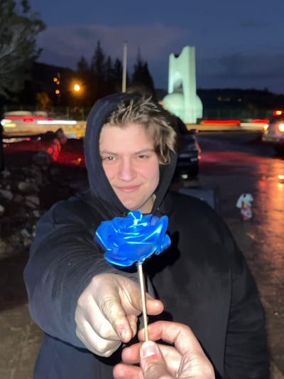 An outdoor scene captured at night in Dummar Municipality, Syria, depicts a young individual offering a blue rose. The individual, appearing male, is positioned in the foreground, wearing a black hooded sweatshirt, and has light brown, tousled hair. A faint smile is visible on their face. Their right hand extends forward, holding a vibrant, metallic blue rose attached to a slender wooden stick. In the bottom right of the frame, a second hand reaches up, partially obscuring the first individual's hand, indicating the act of receiving the rose. The background is dark, suggesting evening or night, with a wet, reflective ground surface. Vehicular light trails (red and white) are blurred in the mid-ground, signifying traffic on a wet road. A prominent, abstract white sculpture, identifiable as the "Damascus Sword" monument, stands in the middle-ground to the right, illuminated against the dark sky. An orange streetlamp glows in the upper left, and dark trees are visible behind the monument. A small, light-colored object rests on the wet ground in the right mid-ground.