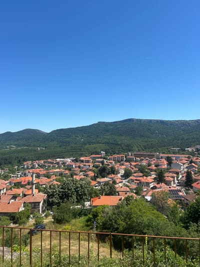 The image shows a panoramic view of the city of Belogradchik, Bulgaria, nestled against a backdrop of lush green hills. The foreground features a rusty metal fence, with dry grass and greenery below. Beyond the fence, the town unfolds, characterized by numerous buildings with distinctive red-tiled roofs. A tall, slender minaret, typical of a mosque, stands prominently among the rooftops. In the distance, verdant hills rise, their slopes densely covered with trees. The sky is a clear, vibrant blue, with a faint contrail from an airplane visible in the upper portion. The overall scene depicts a sunny day in a European town.