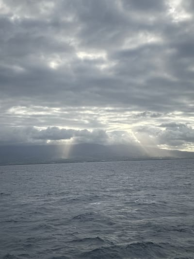 A vertical, medium shot captures a wide expanse of the ocean meeting a distant coastline under a dramatic, cloudy sky. The sea, in the foreground and taking up the lower half of the frame, is a choppy, dark blue-gray, with visible waves and ripples. Beyond the sea, a long, low-lying coastline stretches across the horizon, partially obscured by atmospheric haze and fog. The landmass appears to be mountainous or hilly, with faint outlines of structures visible along the shore.
The sky above is filled with heavy, dark gray clouds, but shafts of light are breaking through in several places, creating a dramatic effect. Most prominently, a set of sunbeams pierces through a gap in the clouds over the coastline, illuminating a portion of the land with a bright, almost ethereal glow. The overall mood is somber and majestic, evoking a sense of natural power and the vastness of the ocean. The location is identified as Capesterre-Belle-Eau, Guadeloupe. There are no people, animals, or specific objects in the image, only the elements of nature: water, land, and sky.