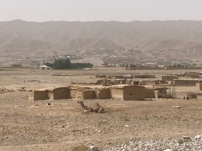 A dusty landscape features a settlement of small, mud-brick buildings scattered across a barren terrain. In the foreground, a camel rests, adding a focal point to the arid scene. Distant mountains fade into the hazy sky, creating a sense of vastness. A mosque stands out among sparse trees, hinting at community life within the harsh environment. The overall atmosphere suggests a remote, arid region with signs of human and animal adaptation to the landscape.
