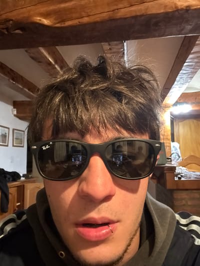 A person wearing sunglasses and a gray hoodie poses for a close-up shot. The sunglasses reflect the interior of a room. The person has short, messy dark hair, fair skin, and a lip piercing. The background features wooden beams and furniture, suggesting an older building interior. Two framed pictures can be seen on the wall.