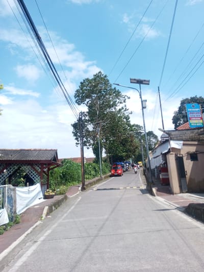 The image presents a street scene in an urban area. A paved road leads into the distance, flanked by buildings and vegetation. On the left side of the road, there is a gazebo-like structure with a tiled roof and white drapes. A pot of plants sits on the ledge. Adjacent to it is dense green foliage. On the right side, buildings are visible, one with a sign that appears to advertise photocopying and printing services. Utility poles and power lines stretch across the sky, which is partly cloudy. Vehicles and motorcycles are visible further up the street, suggesting traffic. The overall impression is that of a quiet street in a settled urban location. There is no direct indication that the scene is in Zeyathiri District, Myanmar.
