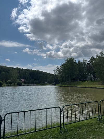 The image depicts a scenic view of a calm lake with a gentle ripple on its surface, bordered by a lush green grassy bank. In the foreground, a dark green metal barrier with vertical slats separates the grass from the viewer. The background is dominated by a dense forest of various trees, with a cluster of buildings nestled amongst them on the left side, featuring a prominent red-roofed structure. The sky above is a mix of bright blue patches and heavy, dark grey clouds, suggesting an overcast or rapidly changing weather condition. The overall impression is of a tranquil natural setting, likely a park or recreational area. The location is the park in the city of Koltsovo, Russia, specifically the area around the lake.