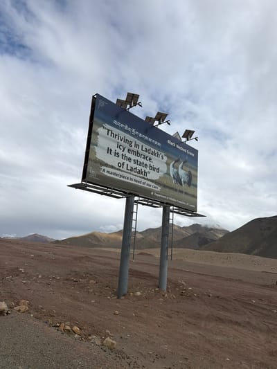 A billboard stands prominently in the barren, mountainous landscape of Nyoma, India. The billboard, angled towards the viewer, features an image of two black-necked cranes and text in both English and Tibetan. The English text reads: "Thriving in Ladakh's icy embrace. It is the state bird of Ladakh" and "A masterpiece in need of our care". Below this, it states "Department of Wildlife Protection, UT Ladakh". The billboard is supported by two grey metal poles and has solar panels mounted on top. The surrounding environment is characterized by dry, reddish-brown earth, scattered rocks, and rolling hills in the background under a cloudy sky. The scene appears to be a promotional display for wildlife conservation in the region.
