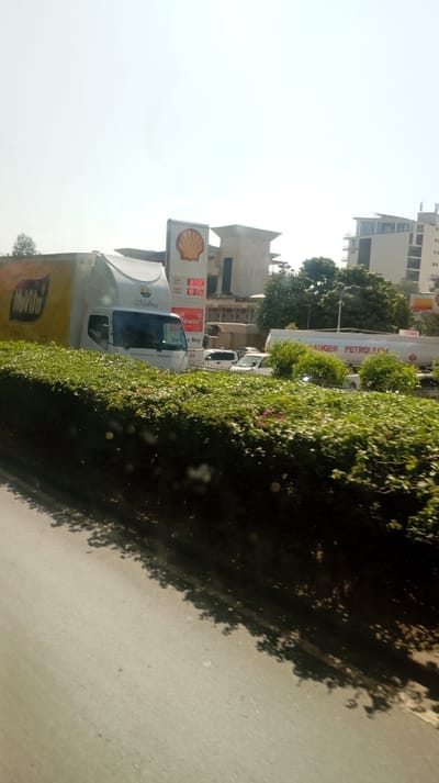 A street scene with a Shell gas station in the background displaying prices of 169.00 and 181.50. A "NuVita" branded truck is visible to the left, and a "DANGER PETROLEUM" tanker is seen behind the central bushes. Other vehicles are in the background. The foreground is dominated by a green hedge and a shadowed road surface. Buildings are on the horizon.