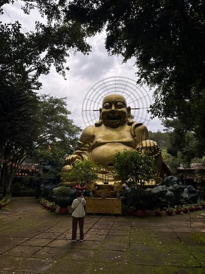 A person stands in a courtyard, facing a massive golden statue of a laughing Buddha. The statue is positioned centrally in the frame, with a circular metal halo behind its head. The Buddha is seated, with its hands resting on its lap, and is adorned with a beaded necklace. The courtyard is paved with large, square stones, many of which are covered in moss. A pathway lined with potted plants leads towards the statue. Trees with dense foliage frame the top and sides of the image. Behind the Buddha, a wooded hill can be seen. In the foreground, the person is holding up a phone, seemingly taking a photograph of the statue. The person is wearing a light-colored shirt and dark pants. The sky above is overcast with clouds. This scene is located in Nam Ban, Vietnam.