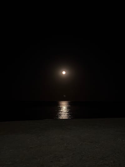 The image depicts a nighttime scene, likely in Larnaca, Cyprus, given the location context. The primary subject is the moon, appearing as a bright, luminous orb in a dark sky. Its reflection shimmers on the surface of dark water, creating a trail of light that stretches towards the right side of the frame. The water is calm, with only the reflection indicating its presence.
To the right of the water, a dark, textured surface occupies the remainder of the image. This surface appears to be a rough, possibly stone or concrete wall, with visible irregularities and shadows that emphasize its texture. The contrast between the smooth, reflective water and the rough, dark wall is stark.
The scene evokes a sense of tranquility and mystery, characteristic of a moonlit night. The absence of people or man-made structures, apart from the implied presence of the wall, contributes to the serene and isolated atmosphere. The time of day is clearly night, indicated by the darkness and the presence of the moon. No specific weather conditions are apparent, other than the calm water. There is no visible text in the image.