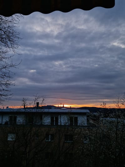The image shows a cityscape at sunset or sunrise, featuring a building with white balconies and a red-brick façade, partially obscured by bare tree branches and blooming white flowers, likely cherry blossoms. In the distance, a thin strip of orange light illuminates the horizon, possibly indicating a river or open space beyond the buildings. The sky is filled with striated clouds, colored with shades of blue and grey. A dark, jagged edge, possibly a roofline of another building, is visible on the left side of the frame. The buildings and landscape suggest an urban area, though the specific location in Rheinfelden, Switzerland, cannot be determined from the image alone. There are no people visible in the image.
