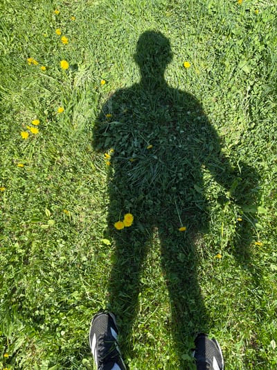 The scene depicts a patch of grass interspersed with yellow dandelions. A shadow resembling a human figure is cast upon the grass. Two shoes are visible at the top right corner of the image. The location is unknown, and there is no data to suggest this image was taken in Oreshniki, Russia.