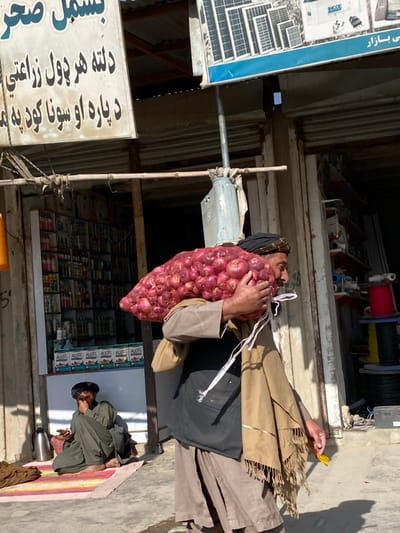 The image depicts a street scene in Bazar-e Panjva'i, Afghanistan, under daylight conditions. In the foreground, a man with a beard, wearing a black turban, a tan tunic, black vest, and loose tan trousers, is carrying a large, bulging mesh bag filled with numerous red onions on his left shoulder. He faces right, appears to be walking, and uses his left arm to secure the load. A white string hangs from the bag, partially obscured by his tan shawl.

In the mid-ground, to the left of the walking man, another man with a black turban and dark green traditional clothing sits barefoot on a striped rug (red, yellow, blue, white) on the ground. He is leaning against a shop entrance, with his right hand near his mouth and a small metallic thermos beside him to his left.

The background features several shopfronts. Behind the sitting man, a shop interior is visible, stocked with numerous items on shelves, including bottles and boxes with the "ROOTS" logo. Above this shop, a white sign with black text in an Arabic script (likely Pashto or Dari) is visible, partially obscured by a corrugated metal overhang. To the right, another sign displays images of solar panels and electrical equipment, with text including "INCOE" and an Arabic script. Utility infrastructure, including metal poles and wires, is also present. The ground appears to be a mix of dirt and uneven pavement, with strong shadows cast by the subjects and structures, indicating bright sunlight from the left.