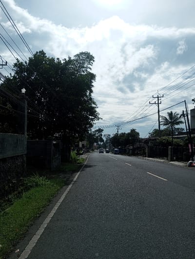 This image depicts a two-lane asphalt road in Domphoog_Dungkarchhoeling, Bhutan, under a bright, partly cloudy sky. The road, marked with a solid white line on its left edge and faint broken lines in the center, extends into the distance, curving slightly to the right.
On the left side of the road, a narrow strip of green grass and weeds borders a low wall constructed from dark, irregular stones. Above this, a dark fence and a large, dense deciduous tree with dark green foliage partially obscure structures behind it. Multiple utility poles with numerous black power lines and cables crisscross the upper left portion of the frame, with one pole featuring a star-shaped street light fixture.
On the right side of the road, several utility poles with power lines are also visible. A distinct palm tree stands behind a utility pole in the mid-right. Buildings, consistent with residential or small commercial structures, are partially visible behind trees and fences along this side of the road. Light-colored objects, possibly sacks, are present on the far right edge near a building.
Vehicles are observed in the distance, heading away from the viewer. Two light-colored cars are visible in the left lane, while at least two other vehicles, including a darker SUV or minivan, are positioned further down the road on the right. No individuals are distinctly visible. The scene is illuminated by ambient daylight, with the sun obscured by clouds in the upper center, casting a bright glow.