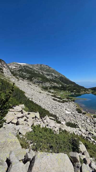 A vertical, eye-level shot captures a remote, rugged mountain landscape under a clear, vibrant blue sky. The foreground is dominated by a jumble of large, grey rocks, some with patches of yellow lichen, interspersed with low-lying, dense green shrubs. A path or scree slope of smaller grey rocks extends diagonally upwards from the middle ground towards the background.
Further up the slope, scattered patches of green vegetation and sparse, dark green evergreen trees are visible. A mountain peak, sparsely covered with vegetation and a few patches of lingering snow near its summit, rises in the background. To the right of the mountain, a tranquil, deep blue lake is nestled, with its shores lined by green grass and a few more evergreen trees. A small, white structure, possibly a cabin or hut, is visible on the far shore of the lake. The overall impression is one of a wild, natural, and remote alpine environment. The location is identified as being in the Rila Mountains, Bulgaria.