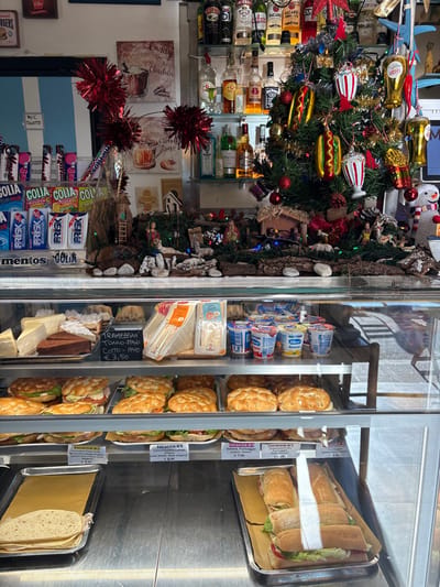 The image depicts the interior counter area of a commercial establishment, likely a bar or café, located in Monterosso al Mare, Italy. The scene is static, with no individuals present.
The upper portion of the image displays a back bar area and a decorated counter. A small Christmas tree, adorned with red baubles, tinsel, and novelty ornaments resembling hot dogs, milkshakes, and beer steins, stands prominently on the counter. Surrounding the tree is an elaborate nativity scene (presepe) featuring multiple figurines, small buildings, and natural elements like wood pieces and stones, set on a bed of what appears to be moss or dark ground cover. A small snowman figurine is visible to the right of the tree. The background features liquor bottles arranged on shelves, with visible labels including brands such as Baileys, Smirnoff, Gordon's, and Bacardi. To the left, a display rack holds packaged candies and gum, including Frisk, Mentos, and Golia brands, accompanied by red tinsel pom-pom decorations. A sign indicating "WC Toilette" is affixed to a light blue and white striped wall panel. Various framed prints depicting beverages are also visible on the wall.
The lower portion of the image shows a multi-tiered glass display case filled with food items. The top shelf contains a selection of pastries (including chocolate cake slices and a triangular pastry), cheese wedges, individually packaged sandwiches (one labeled "Tramezzino Tonno-Italo Cotto - € 3,50"), and multiple small plastic cups of yogurt, some labeled "Ananas." The middle shelf presents rows of fresh focaccias and sandwiches, many with visible fillings like lettuce, tomato, and cured meats. Small price labels beneath these items denote descriptions and prices (e.g., "Focaccia N°5 Salame, Formaggio € 7,00"). The bottom shelf holds metal trays; one on the left contains flatbreads or wraps, while one on the right displays several pre-made baguette-style sandwiches, some partially wrapped in paper. The display case has a stainless steel interior and is brightly illuminated.