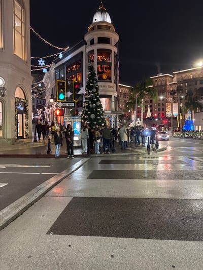 A nighttime street scene focuses on a crosswalk. The road is wet, reflecting lights. Buildings, decorated with snowflakes and holiday lighting, line the street. One building has a distinctive rounded dome structure. A Christmas tree is prominently displayed outside. Pedestrians are visible crossing the street. A traffic light displays green. A "One Way" sign is visible.