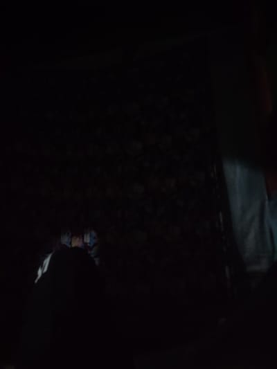 The image depicts an extremely dark indoor environment, making most details difficult to discern. Several individuals are present, visible as dark silhouettes in the lower central part of the frame, seen from behind. Faint hints of color, such as blue, red, and white, suggest their clothing or accessories.
The background features a large, dark surface with a subtle, repeating pattern, which could be wallpaper or fabric on a wall or ceiling. On the far right side, a light blue-grey fabric, likely part of a person's clothing, is faintly visible, alongside a dark, vertical structural element that might be a door frame or pillar.
The activity taking place is not clearly identifiable due to the profound lack of light, but the individuals appear to be gathered or seated in the space. The overwhelming darkness suggests it is either nighttime, a power outage, or a room designed to be very dim. There are no specific location cues visible beyond the implied interior setting in Banjaran, Indonesia. No text is visible in the image.
