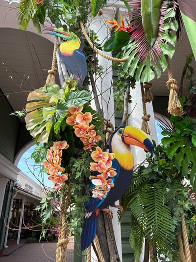 This image features a vibrant, tropical-themed decoration, likely for an outdoor event or establishment. The primary subjects are two colorful, flat cutouts of toucans, positioned amongst artificial foliage and flowers. One toucan, predominantly blue and yellow with a large, multi-colored beak, is situated on a branch. The other toucan, a smaller and darker blue, is also depicted in profile with a beak featuring shades of green, yellow, and pink.
Surrounding the toucans are lush green artificial leaves, including large Monstera-like leaves and feathery ferns. Clusters of bright orange and pink orchids add further to the tropical aesthetic. Thick, weathered ropes are used as decorative elements, tied in knots and draped across the scene, suggesting a nautical or jungle theme.
The background reveals a hint of a building with white walls and arched windows, suggesting it's an outdoor facade. A clear blue sky is visible through gaps in the foliage, indicating it's daytime with fair weather.
There is a faint inscription on a white building in the background, which is partially obscured by the decorations. It appears to read "OAKLAND WOOD" or similar. The overall impression is one of a festive and visually engaging display, designed to evoke a tropical atmosphere. The scene does not appear to depict any people or specific activity beyond the static decoration itself. The location context provided is Lapshinka, Russia, which seems incongruous with the strong tropical theme, suggesting the decoration is likely a temporary installation or a themed business.