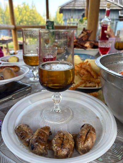 The image depicts an outdoor gathering with food and drinks, likely a picnic or barbecue. In the foreground, a white plastic plate holds several pieces of grilled food, possibly sausages or small cuts of meat, glazed with a dark sauce. Adjacent to this plate is a wine glass filled with a golden-colored liquid, presumably beer, with a foamy head. Another similar glass containing a darker liquid, possibly red wine, is visible behind it.
Further back, a table is laden with various dishes. One plate contains what appears to be grilled chicken or ribs, with some sausages and a sliced potato. Another dish features a pile of fried potato wedges. A bottle of red liqueur and a small glass of the same beverage are also present, held by a person whose hand is visible. A large metal bowl, possibly containing more food or a salad, is situated on the right side of the frame. A smartphone is placed on the table in front of the wine glass.
The setting appears to be a rustic outdoor area, possibly a veranda or gazebo, with wooden beams and a thatched roof visible in the background. Lush green trees and foliage suggest a natural environment. The overall ambiance is casual and convivial. Based on the provided information, this scene is located in Zheleznodorozhnyi, Russia.