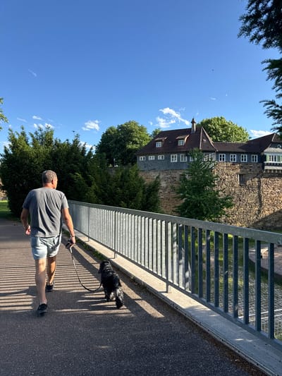 A man and his black dog are walking on a paved path next to a metal railing. The man is wearing a gray t-shirt and denim shorts, and he is holding the dog's leash. The dog is walking in front of him. In the background, there is a stone wall with a building on top. The sky is blue with some clouds. The scene is located in Esslingen am Neckar, Germany, specifically at the Esslinger Burg, a historic castle complex.