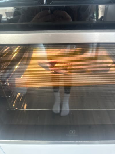 The image displays a direct reflection of an individual in the glass door of a closed Electrolux oven. The person is holding a dark-colored smartphone or camera with both hands, positioned to photograph their reflection. The reflection reveals the individual wearing dark clothing on their upper body, a light-colored top, dark lower garments, and white socks on their feet. A small reddish object is visible within the reflected hands, illuminated by the oven's internal light, which also highlights metal racks inside the appliance. The floor beneath the oven appears to be a dark, possibly wooden, surface. No specific location within the city of Ericeira, Portugal, is discernible from the image content.