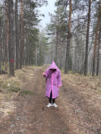 A person in a pink raincoat and white sneakers is walking on a path through a forest. The path is dirt and covered with leaves and twigs. Trees line both sides of the path, some of which are marked with red paint. The environment appears to be a forest near Kachkanar, Russia. The person is holding a walking stick. The weather seems overcast.