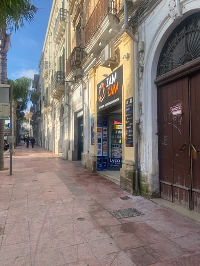 The image captures a sunlit street scene in Brindisi, Italy. A wide sidewalk, paved with reddish-brown rectangular tiles, extends from the foreground into the distance.
On the immediate right, a weathered brown wooden double door with an arched top and an ornate metal grill is visible. A red rectangular sign with "VENDESI" (FOR SALE) in white text is affixed to the right door, above white graffiti markings. Adjacent to this door on the left is the storefront of "ZAM ZAM," a mobile phone shop with a prominent yellow facade. The sign reads "ZAM ZAM" with a stylized phone icon, and "TELEFONIA - ASSISTENZA E VENDITA" (Telephony - Assistance and Sales). The store's glass display windows are filled with various mobile phones, accessories, and advertisements for brands like Apple, Huawei, Samsung, Xiaomi, and the telecom provider Lyca Mobile. An outdoor air conditioning unit is mounted on the yellow facade above the store entrance.
To the left of the "ZAM ZAM" store, a series of multi-story buildings with light-colored stucco facades, ornate balconies with dark railings, and some windows fitted with dark green shutters line the street. A partially visible sign for "H2O TRADING" is present further down this row of buildings. In the far left foreground, a tall palm tree and a street sign pole with multiple informational panels are visible.
In the midground, further down the sidewalk, two individuals, appearing as adult males dressed in dark clothing, are walking away from the camera. The sky above is clear blue with minimal wispy clouds. Sunlight casts distinct shadows to the left, indicating the sun's position to the right of the frame.