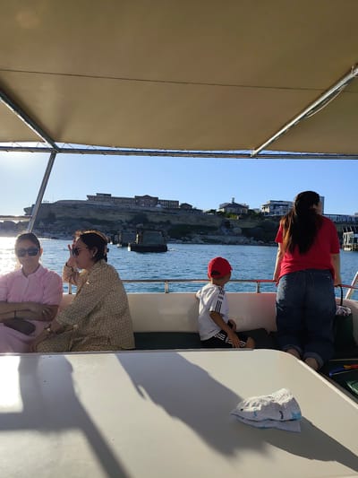 The image shows a group of people on a boat, likely a tourist excursion, in Aktau, Kazakhstan. The sun is shining brightly, indicating it's daytime, possibly late afternoon due to the warm light and shadows. The sea is calm and blue, with a clear sky above. In the background, the coastline is visible, featuring rocky outcrops and buildings that suggest a developed area. The boat appears to be covered by a beige canopy for shade.
There are at least four people visible. On the left, two women are seated, both wearing sunglasses. The woman closest to the camera is wearing a light pink dress, and the woman next to her is wearing a patterned outfit. They appear relaxed, enjoying the scenic view. Further back, a young boy wearing a red cap and a white t-shirt is seated, looking out at the water. Beside him, a woman in a red t-shirt and blue jeans stands, also facing the sea.
The overall mood seems peaceful and recreational, with individuals taking in the coastal scenery. The presence of a white folded item, possibly a towel or blanket with a blue star pattern, on the table in the foreground adds a touch of domesticity to the scene. The architectural styles of the buildings in the background could provide further clues to the specific location within Aktau, which is known for its modern and sometimes unique architecture.