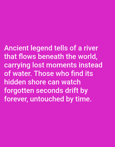 The image displays white text against a vibrant magenta background. The text reads: "Ancient legend tells of a river that flows beneath the world, carrying lost moments instead of water. Those who find its hidden shore can watch forgotten seconds drift by forever, untouched by time." There are no people, objects, or environmental details present in the image other than the text and the background. The location of Aksu City, China, is not depicted or suggested by the image content.