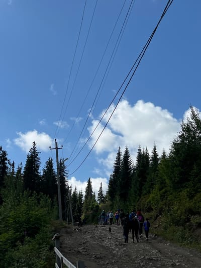 A group of people are hiking up a rocky path through a dense forest. Overhead, power lines stretch across a bright blue sky with scattered white clouds. The path is uneven, with large stones and dirt, and the surrounding trees are tall and green, characteristic of a mountainous or hilly region. The hikers are spread out along the path, some with backpacks and trekking poles, indicating a recreational activity. A small dog is visible near the front of the group. The scene appears to be in a natural, outdoor environment, likely a hiking trail in the Carpathian Mountains, which are known to be in and around Chorna Tysa, Ukraine. The image captures a moment of outdoor activity in a scenic, forested landscape.