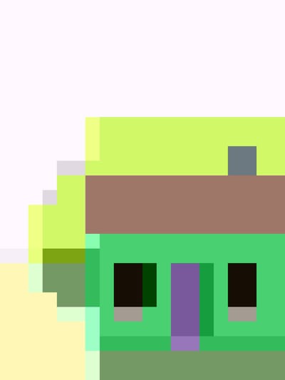 The image depicts a pixelated, cartoonish representation of a small, green house. It has a brown roof with a grey chimney and a purple door. Two dark, square windows flank the door. The house sits on a ground of darker green. The background is a combination of light yellow and light green, suggesting grass and sky, respectively. This does not depict a real location in Mountain View, United States of America, but is rather a stylized, graphic representation of a house.