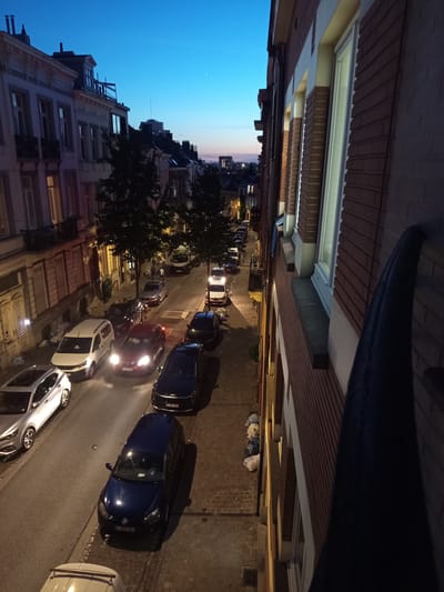 This is a high-angle, medium shot of a street in Schaerbeek, Belgium, at twilight. The street is lined with multi-story brick buildings and features parked cars and trees. In the foreground, a dark railing of a balcony or window is visible. The sky is a deep blue, transitioning to lighter hues near the horizon, with a few distant lights of the city visible.
Several cars are parked on the street, including a silver SUV, a white van, a dark blue hatchback, and other vehicles further down the road. Some streetlights are on, illuminating sections of the road and sidewalk. Trees with dark foliage are interspersed along the street. The architecture of the buildings suggests an urban European setting, consistent with the specified location. The overall atmosphere is quiet and serene, characteristic of early evening in a residential urban area.