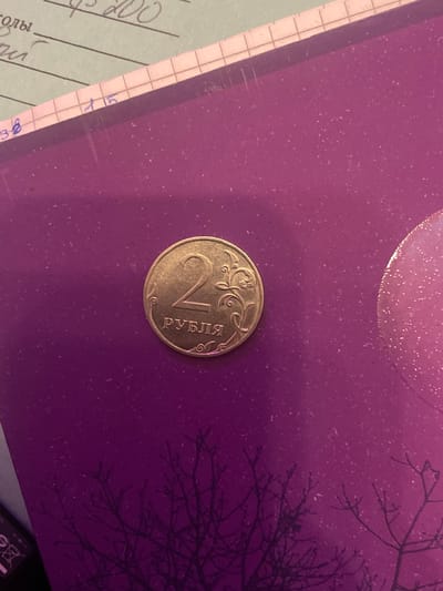 The image shows a close-up of a two-ruble coin resting on a purple, textured surface. The coin is gold-colored and features the number "2" prominently on one side, along with the inscription "РУБЛЯ" (RUBLE) in Cyrillic script, surrounded by decorative elements. The purple surface has a speckled texture, possibly representing glitter or small lights, and appears to be the cover of a notebook or binder. In the background, slightly out of focus, is a pastel green notebook with handwritten text in Cyrillic, suggesting it's a ledger or school notebook. The scene appears to be indoors, with the lighting creating subtle highlights on the coin and the notebook cover. There are no people visible in the image. The image does not provide any specific information or context related to the city of Romanovka, Russia.
