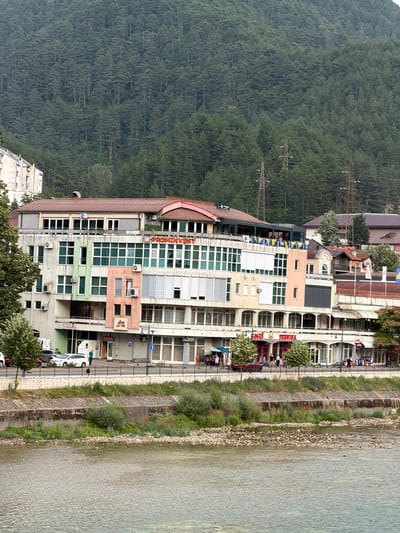 The image depicts a view of the city of Konjic, Bosnia and Herzegovina, with a focus on a multi-story building situated along a riverbank. The building is modern in design, featuring a facade with various colored sections, numerous windows, and several air conditioning units. Signs are visible on the building, including "PROMINVEST," "dm," "TRZNICA," "FACTS," and "TEHNIKA." A street runs in front of the building, with parked cars, pedestrians, and some street vendors with umbrellas. A black metal fence separates the sidewalk from a terraced embankment leading down to a river. The river itself occupies the foreground of the image, with a rocky riverbed partially visible. Behind the building, a dense, coniferous forest covers a steep hillside, and power lines are visible amongst the trees. The sky is overcast.