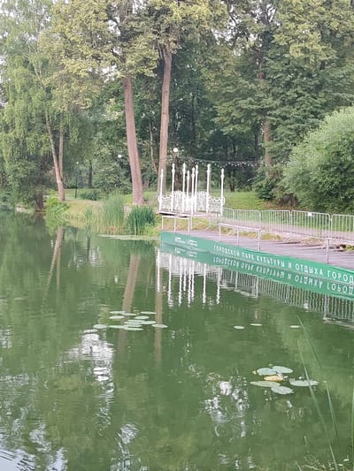 This media file depicts a serene lake scene with lush green trees lining the shore. A wooden pier with white railings extends into the water, adorned with decorative white structures and string lights, suggesting a recreational park. The lake's surface is calm, reflecting the surrounding trees and structures, with a few lily pads scattered across it. The water itself is a murky green, interspersed with ripples. A portion of a green structure, possibly a boat or a pontoon, is visible on the right side of the pier, displaying text. The scene appears to be set during the daytime, with overcast or diffused lighting, hinting at a mild or cloudy day. The overall atmosphere is peaceful and natural, characteristic of a park or recreational area. The visible text on the green structure reads "ГОРОДСКОЙ ПАРК КУЛЬТУРЫ И ОТДЫХА ГОРОД ЛОБОЙСКОН ЦУЪК КАЧРЛЯЯ N OLARNY LOБОП". This text likely identifies the location as a city park for culture and recreation. Given the location context of Chekhov, Russia, this image likely captures a scene from a local park in or around that city.