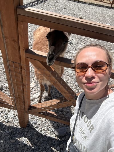 This media file features a young woman taking a selfie with a llama behind a wooden fence with wire mesh. The woman is wearing round, tortoise-shell sunglasses and a light gray sweatshirt with the text "Voor Hike. Explication" printed on it in a darker gray font. She is smiling and looking at the camera.

The llama is light brown and appears curious, with its head over the fence, looking towards the woman. The scene is outdoors, with a ground covered in small, light-colored pebbles. The lighting suggests it is daytime, likely sunny given the strong shadows cast by the fence.

The overall impression is one of a casual, pleasant encounter with an animal in an outdoor setting, possibly a farm, zoo, or animal park. The woman's expression and the llama's interest create a sense of friendly interaction. The setting appears to be Terskol, Russia, based on the provided location context.