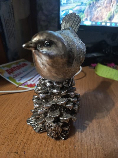 A metallic figurine of a bird perched on a pine cone sits on a wooden desk. The bird is small and appears to be made of a dark metal, possibly bronze or pewter, with a shiny finish. Its head is turned to the left, and its beak is slightly open. The pine cone base is detailed with individual scales and appears to be made of the same metallic material. In the background, a computer monitor displays a landscape image, and to the left, a certificate or diploma with colorful graphics is visible. A thin white wire runs across the desk in front of the figurine. The scene is lit from above, casting a shadow to the right of the figurine.
The image does not contain any information that would allow for its location to be identified as Meget, Russia, or any other specific city.